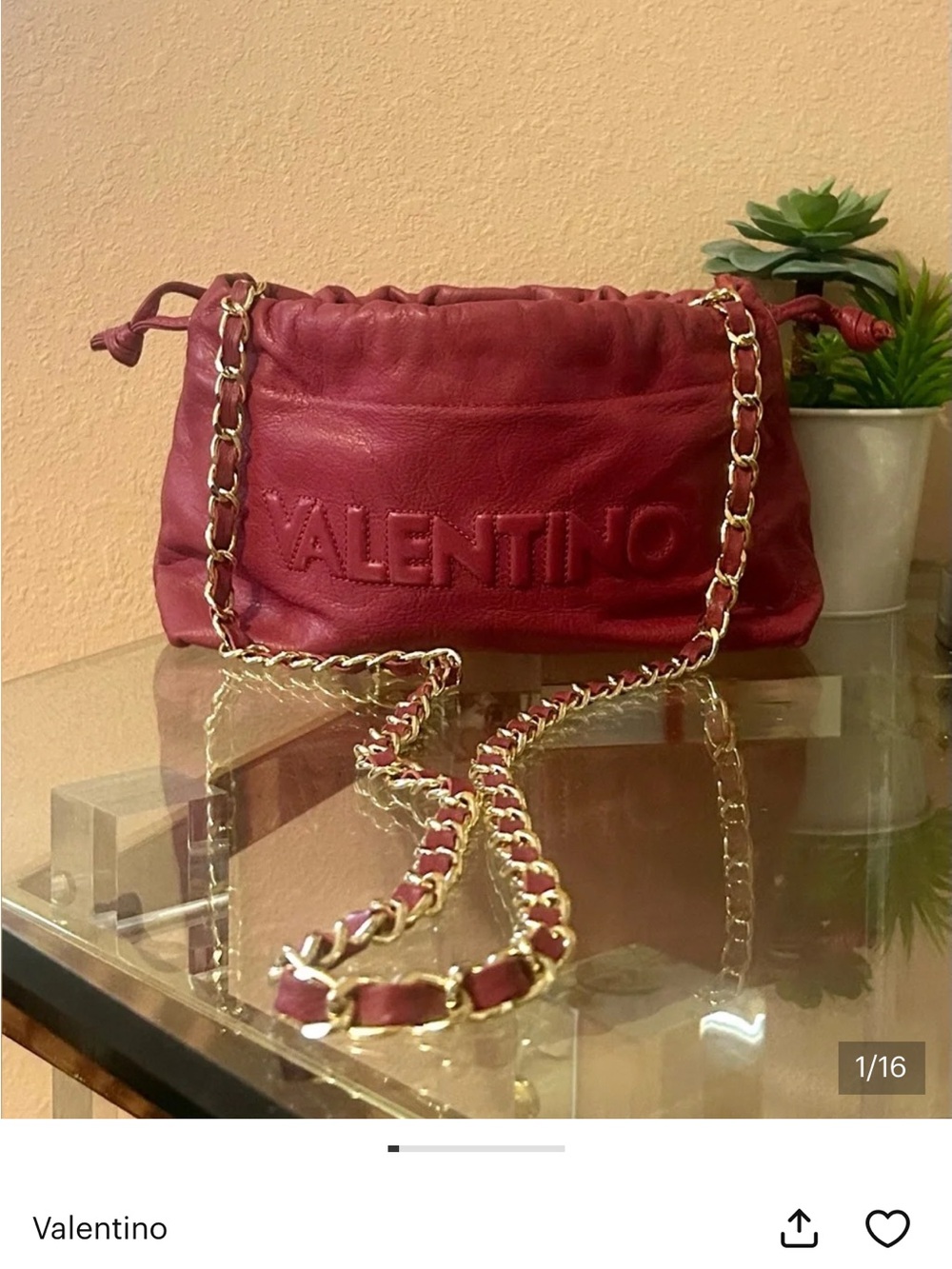 🍷✨ Valentino Burgundy Leather Gold Chain Crossbody + Dust Bag ✨🥂